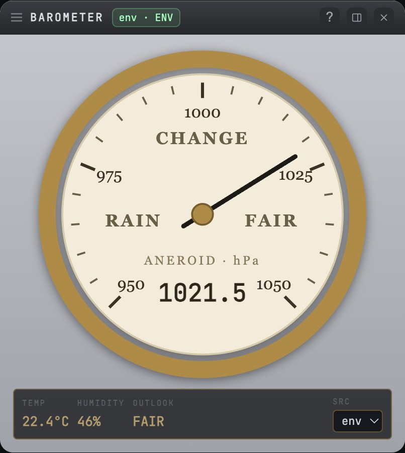 Snakie barometer showing temperature, pressure and humidity