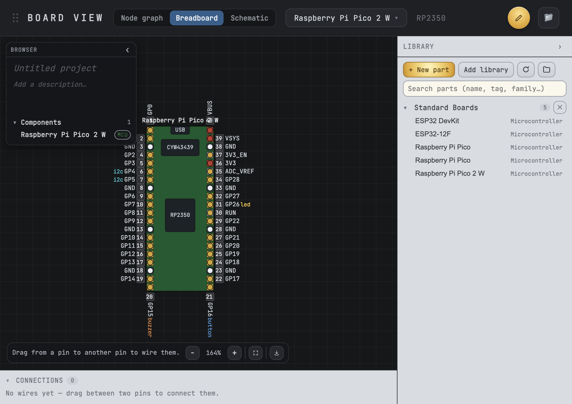 Snakie Board View showing a Raspberry Pi Pico 2 W pinout