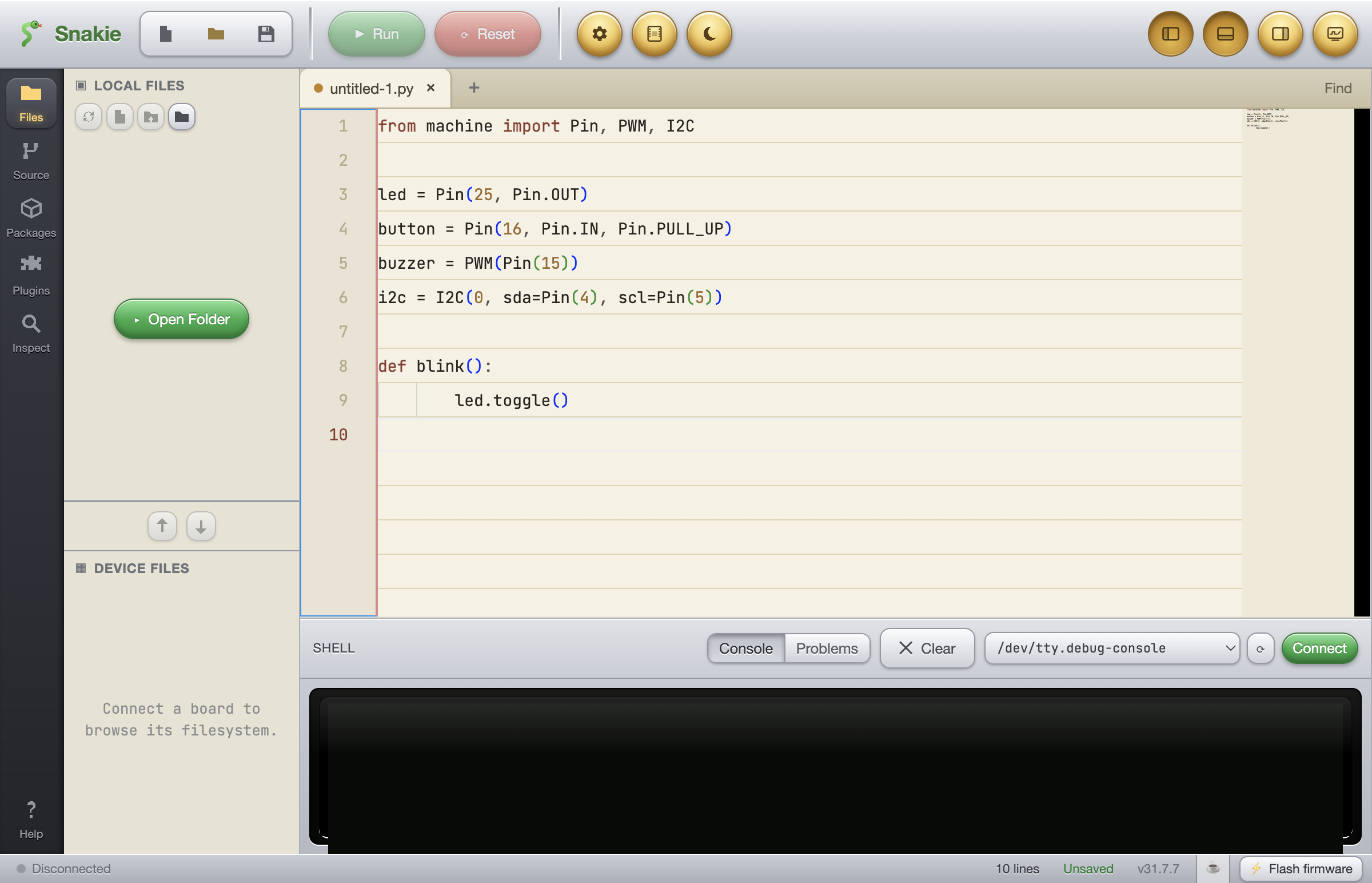 Snakie running, showing the MicroPython editor, file browser and shell