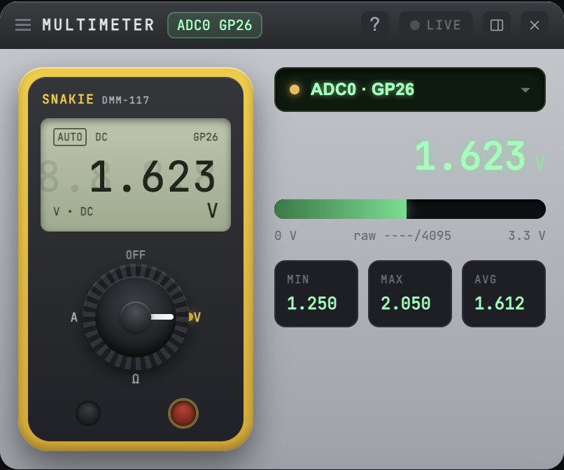 Multimeter instrument reading a live voltage