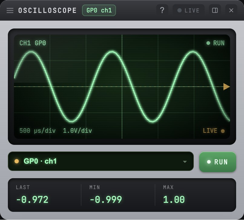 Oscilloscope instrument showing a live green sine wave